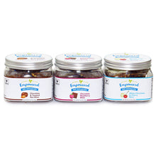 Load image into Gallery viewer, 3 jar Sampler, 7 bites each:  1 Chocolate &amp; Toasted Nut, 1 Chocolate Raspberry, 1 White Chocolate &amp; Cherry